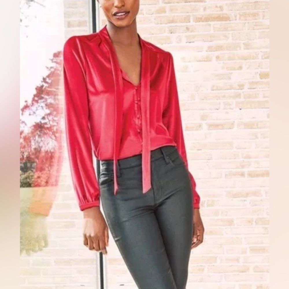 WHBM Women’s Pinkish Red Velvet Tie Top Button Front V-neck Blouse Size S NWOT